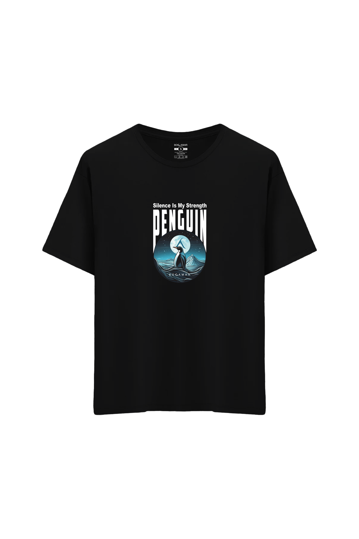 Penguen Baskılı Oversize Unisex Bisiklet Yaka T-Shirt - No.1