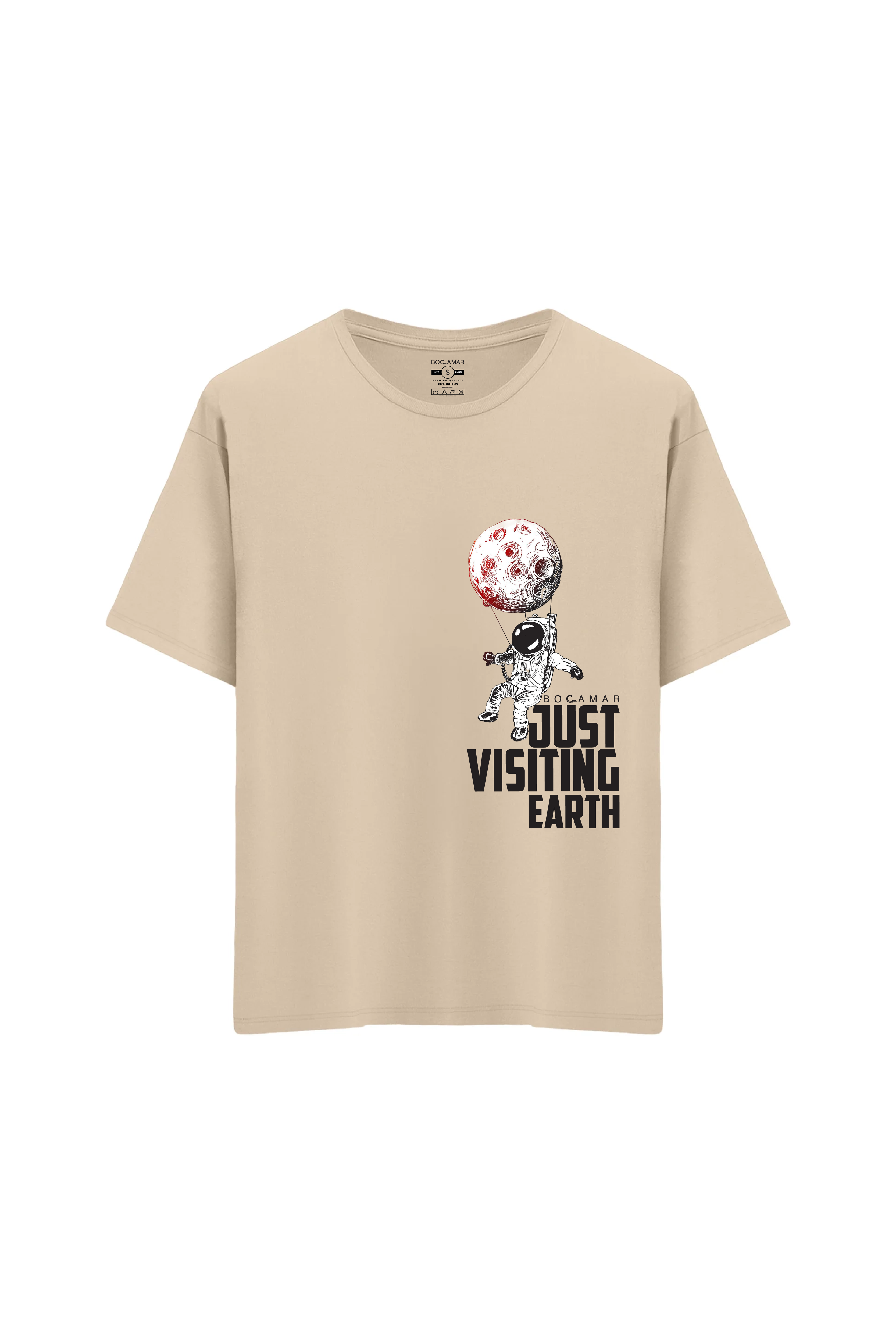 Oversize Unisex Bisiklet Yaka T-Shirt - KREM