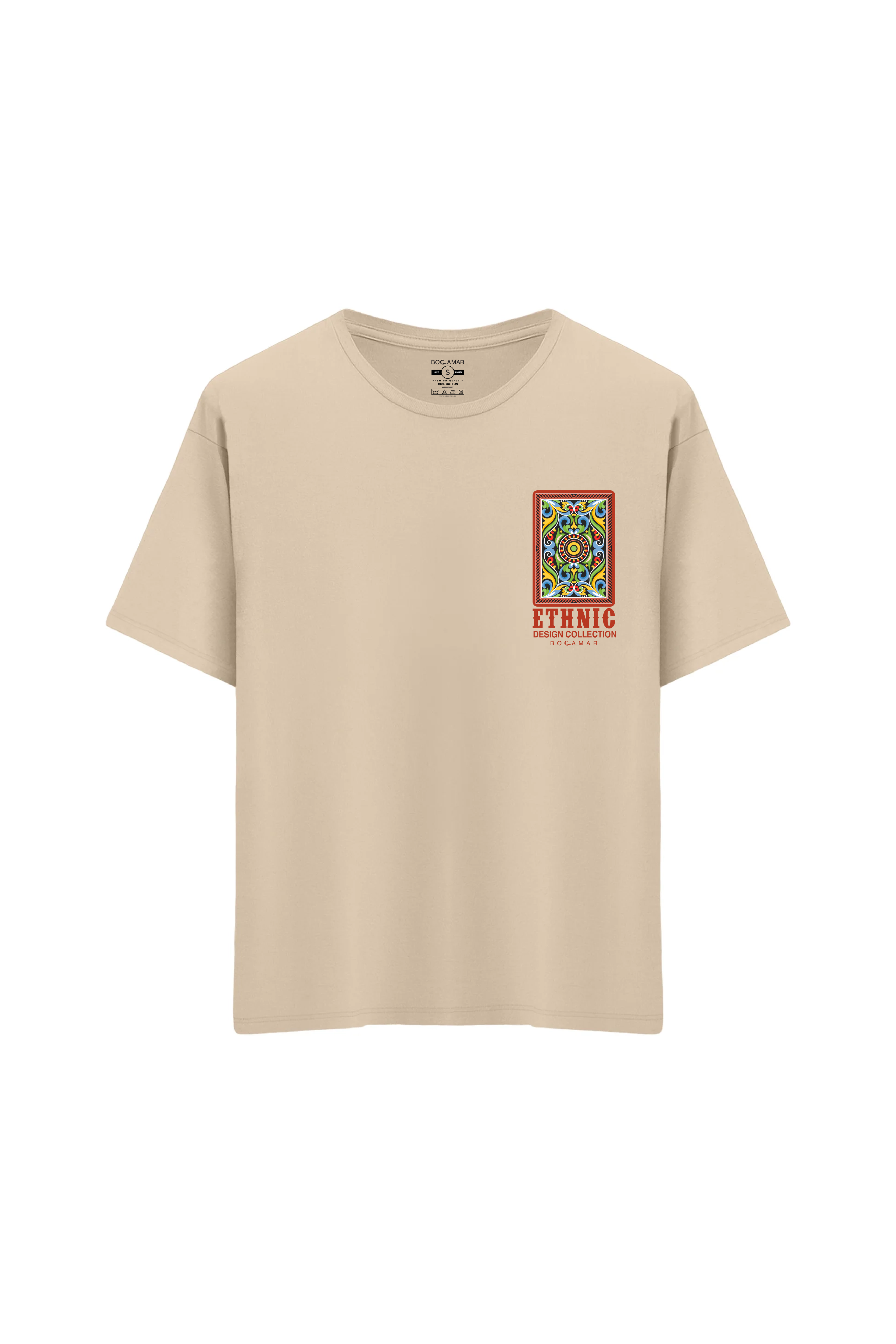 Oversize Unisex Bisiklet Yaka T-Shirt - KREM