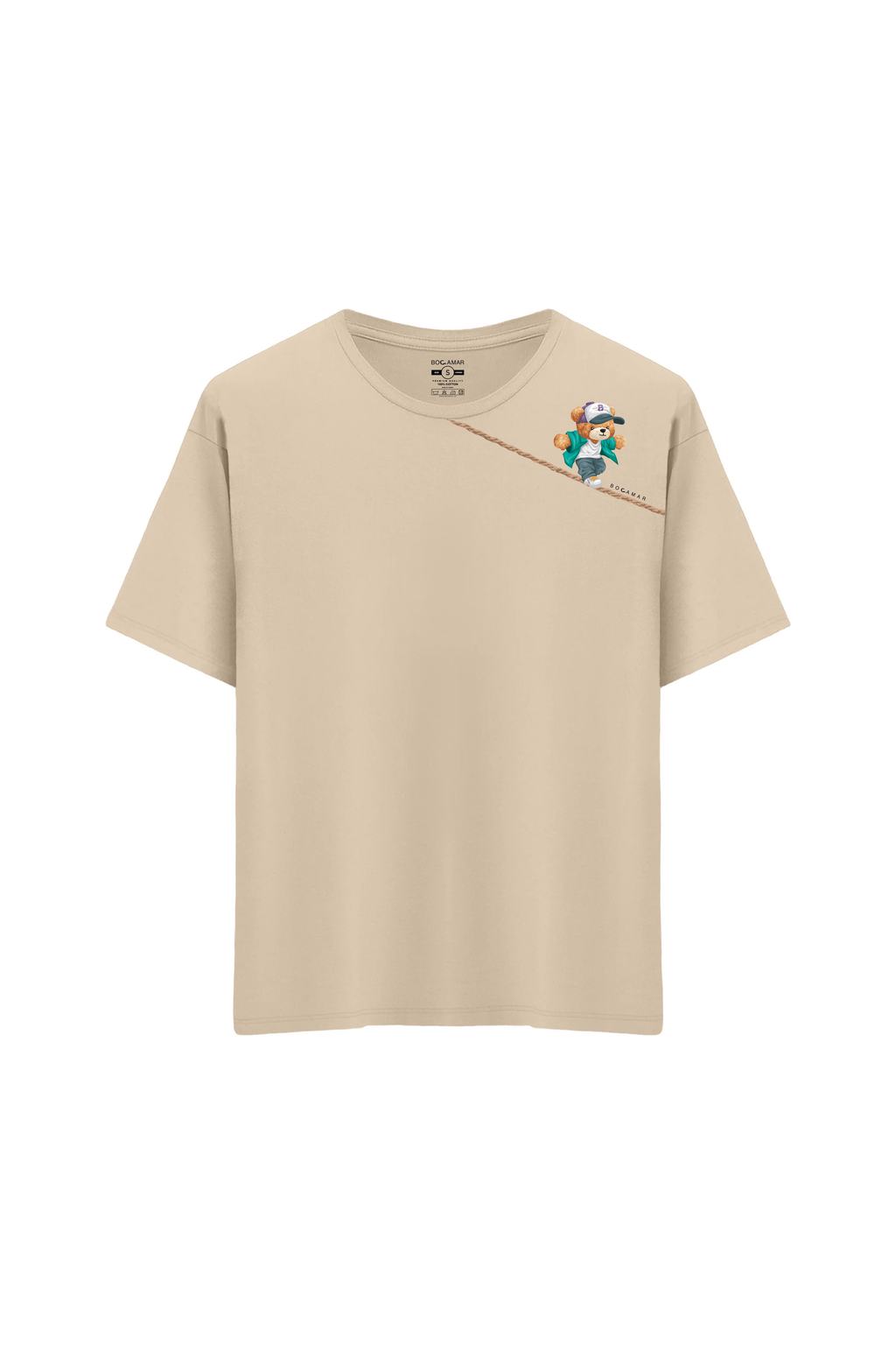 Oversize Unisex Bisiklet Yaka T-Shirt - KREM