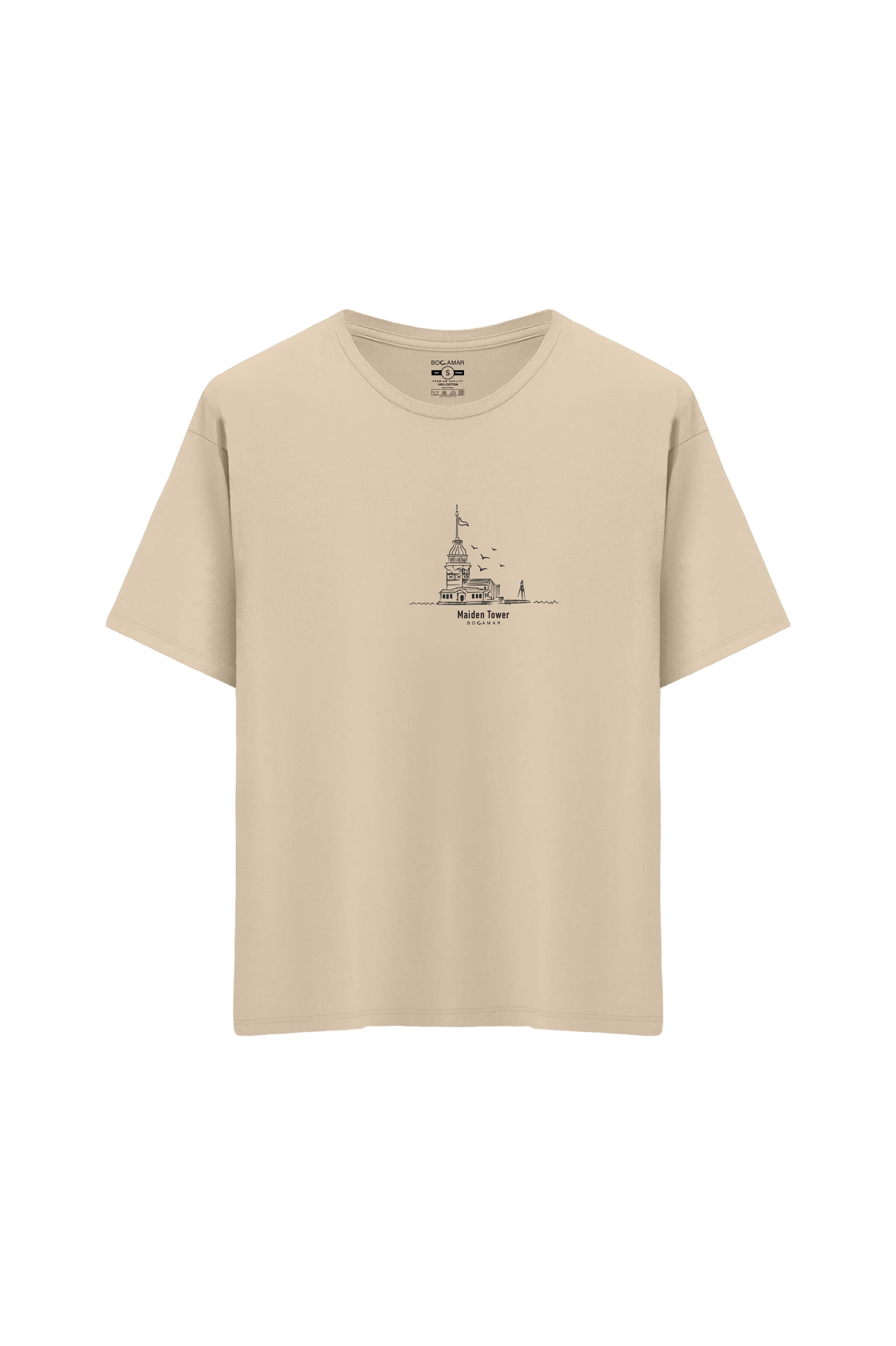 Oversize Unisex Bisiklet Yaka T-Shirt - KREM