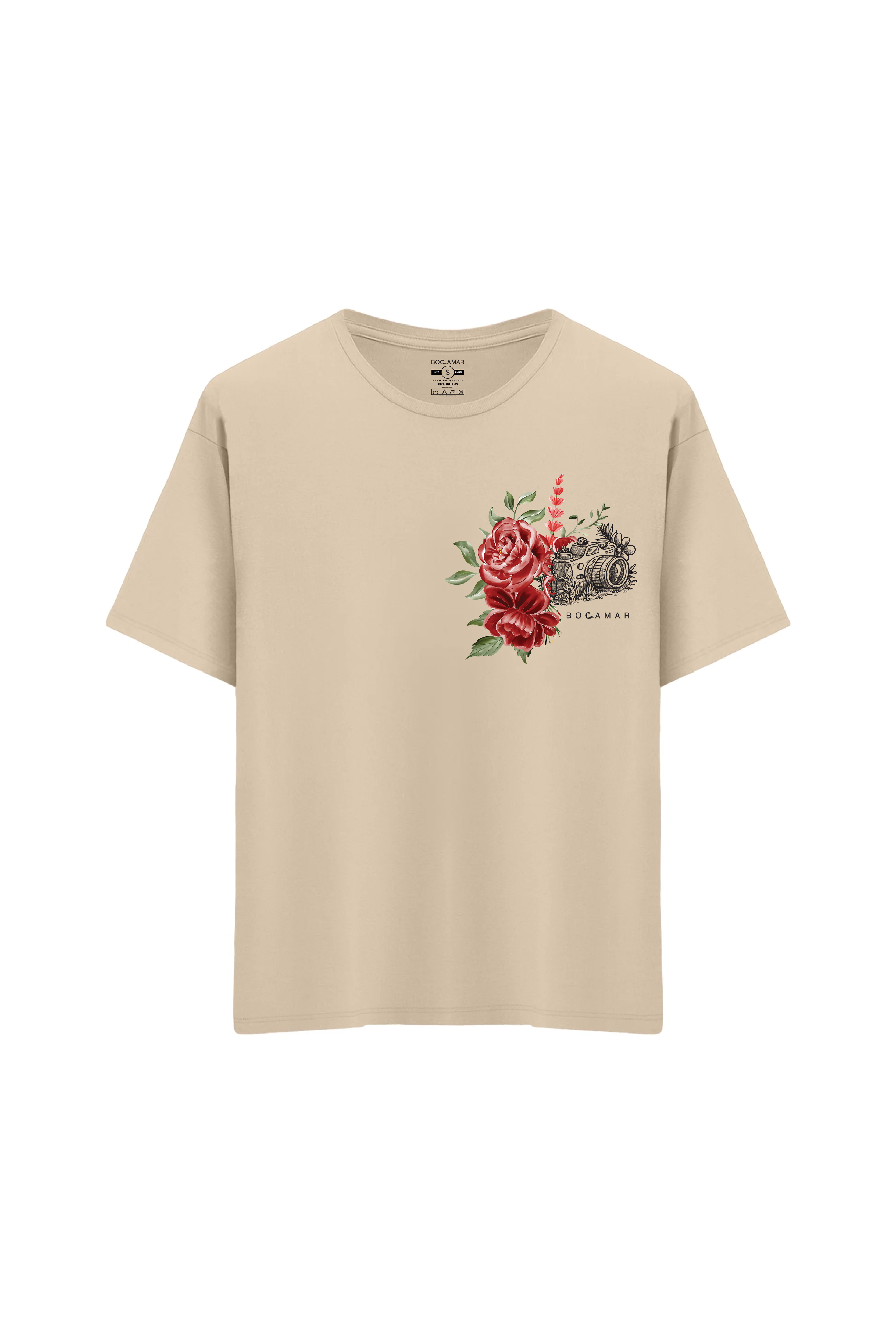 Oversize Unisex Bisiklet Yaka T-Shirt - KREM