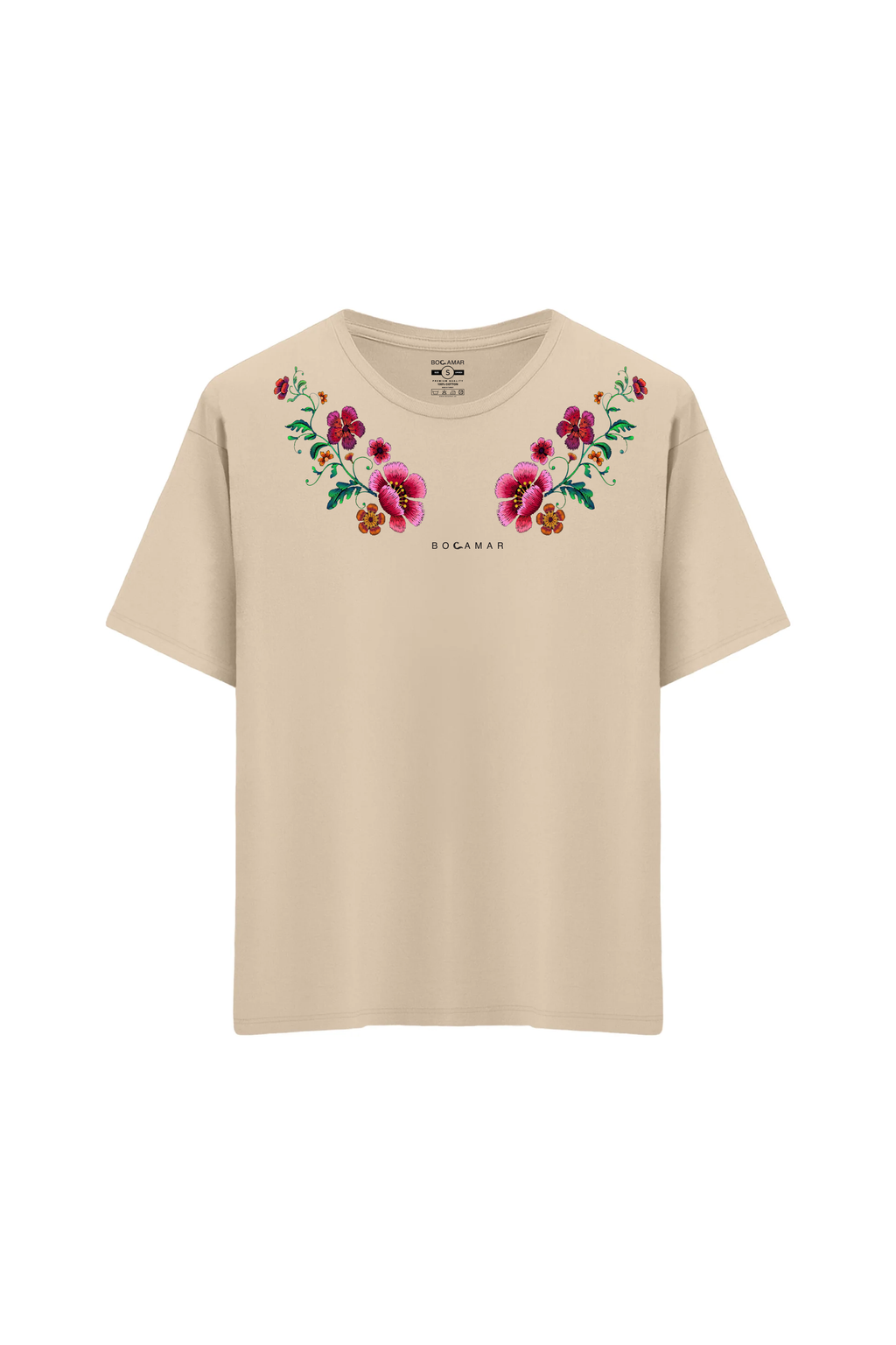 Oversize Unisex Bisiklet Yaka T-Shirt - KREM
