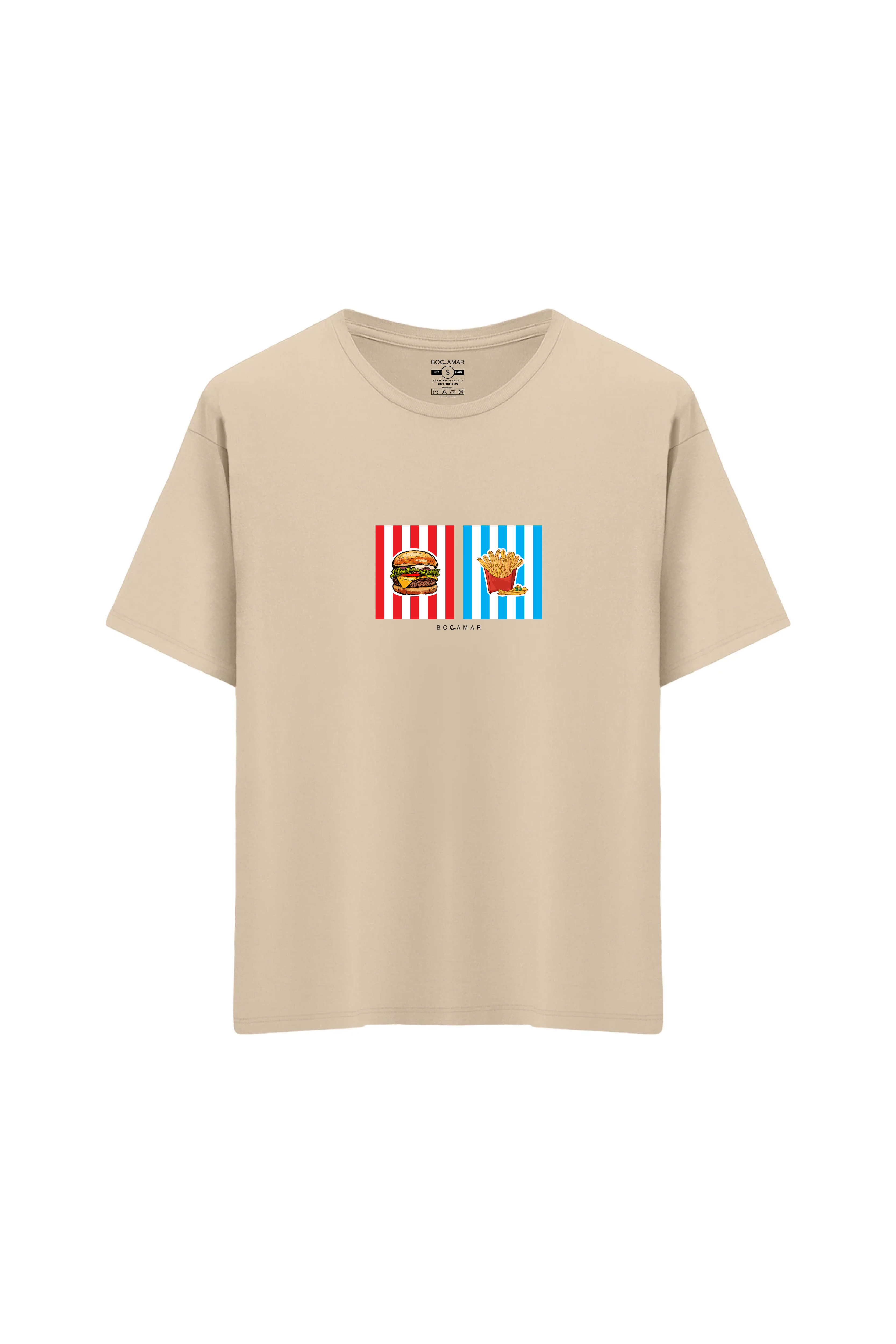 Oversize Unisex Bisiklet Yaka T-Shirt - KREM