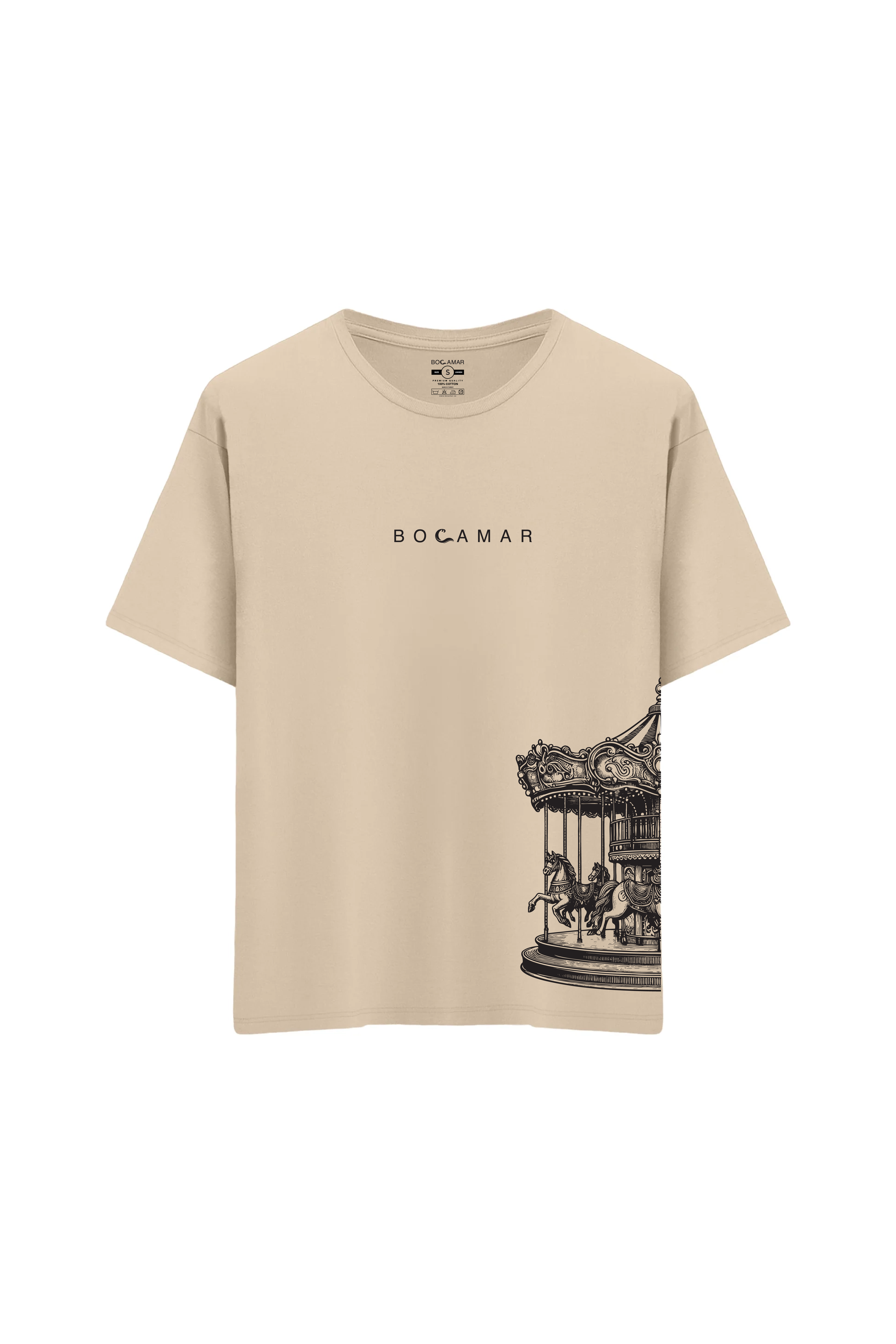 Oversize Unisex Bisiklet Yaka T-Shirt - KREM