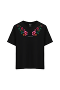 Gül Desen Baskılı Oversize Unisex Bisiklet Yaka T-Shirt
