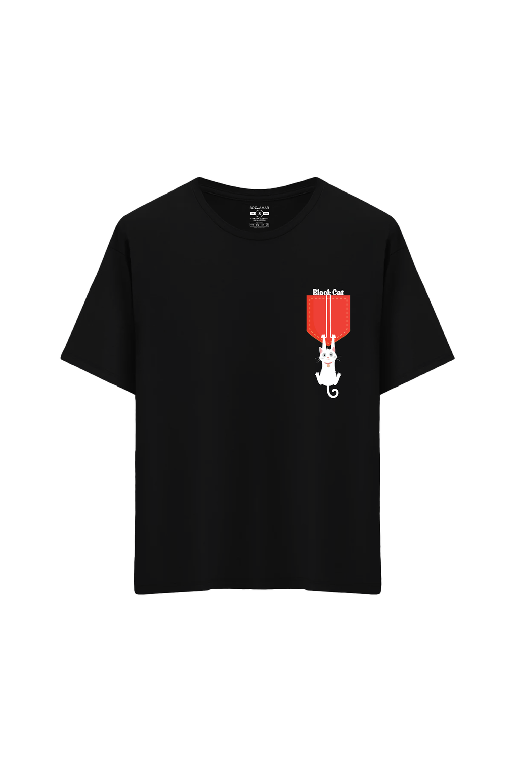 Kara Kedi Baskılı Oversize Unisex Bisiklet Yaka T-Shirt