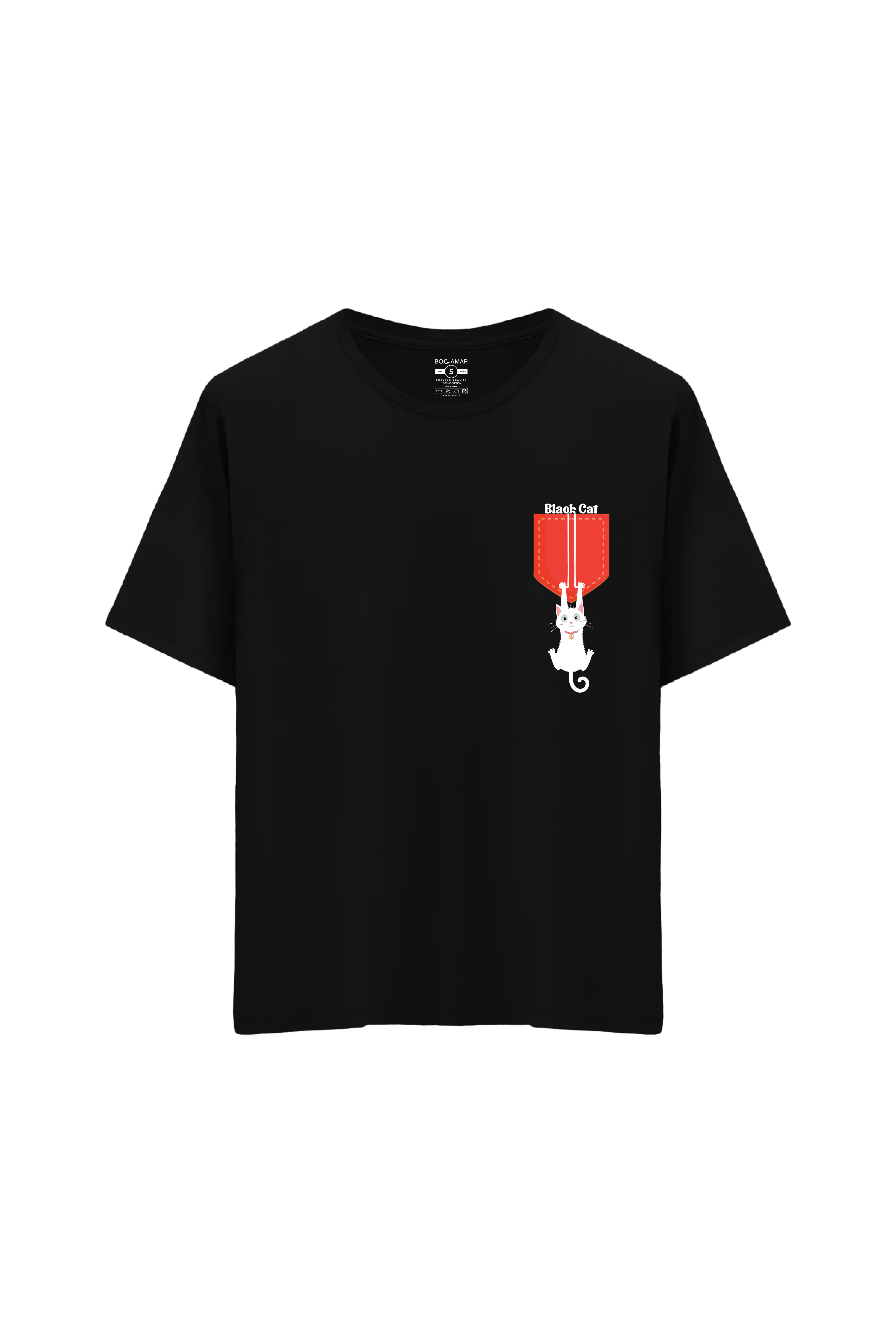 Kara Kedi Baskılı Oversize Unisex Bisiklet Yaka T-Shirt