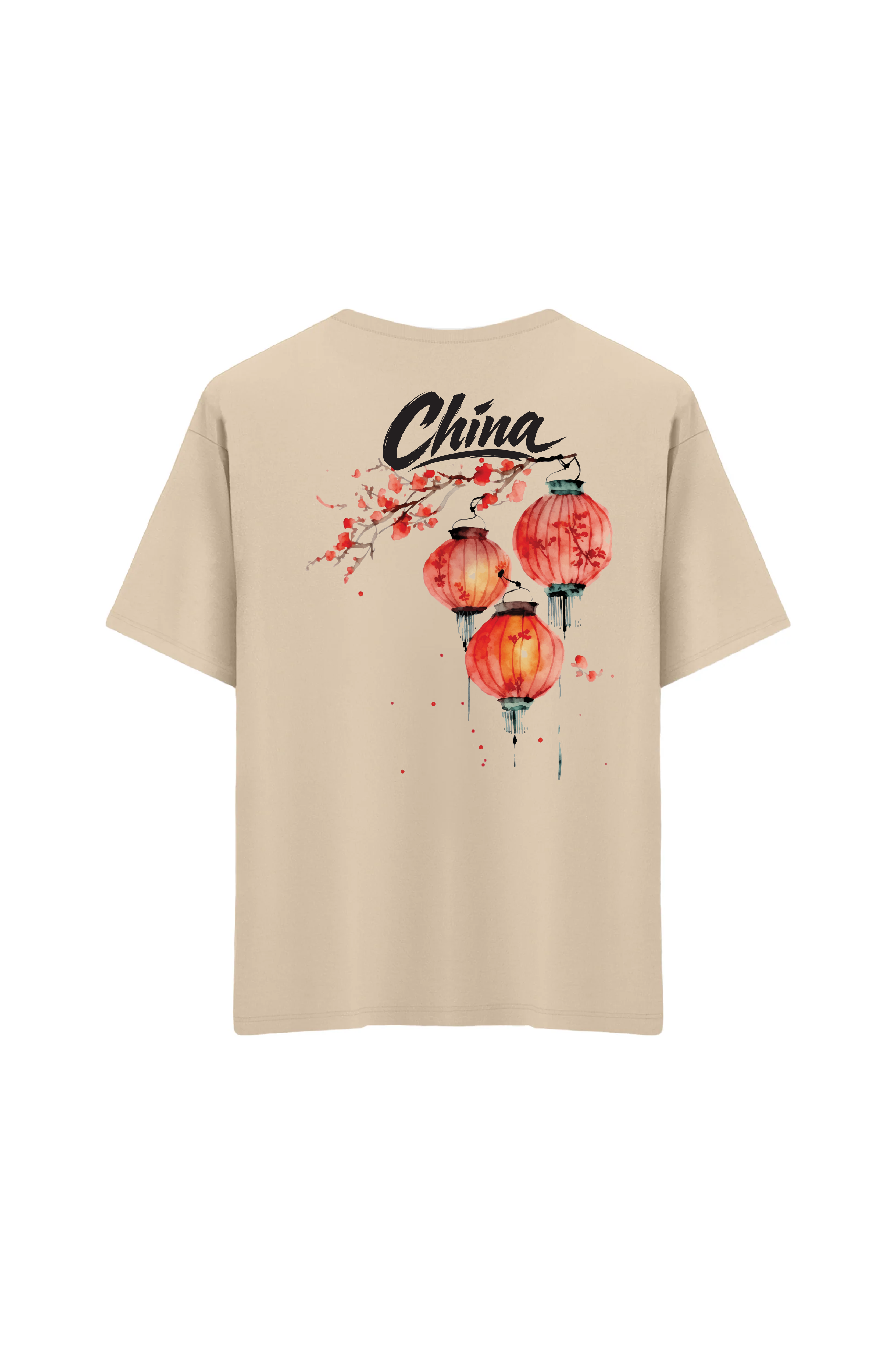 Oversize Unisex Bisiklet Yaka T-Shirt - KREM