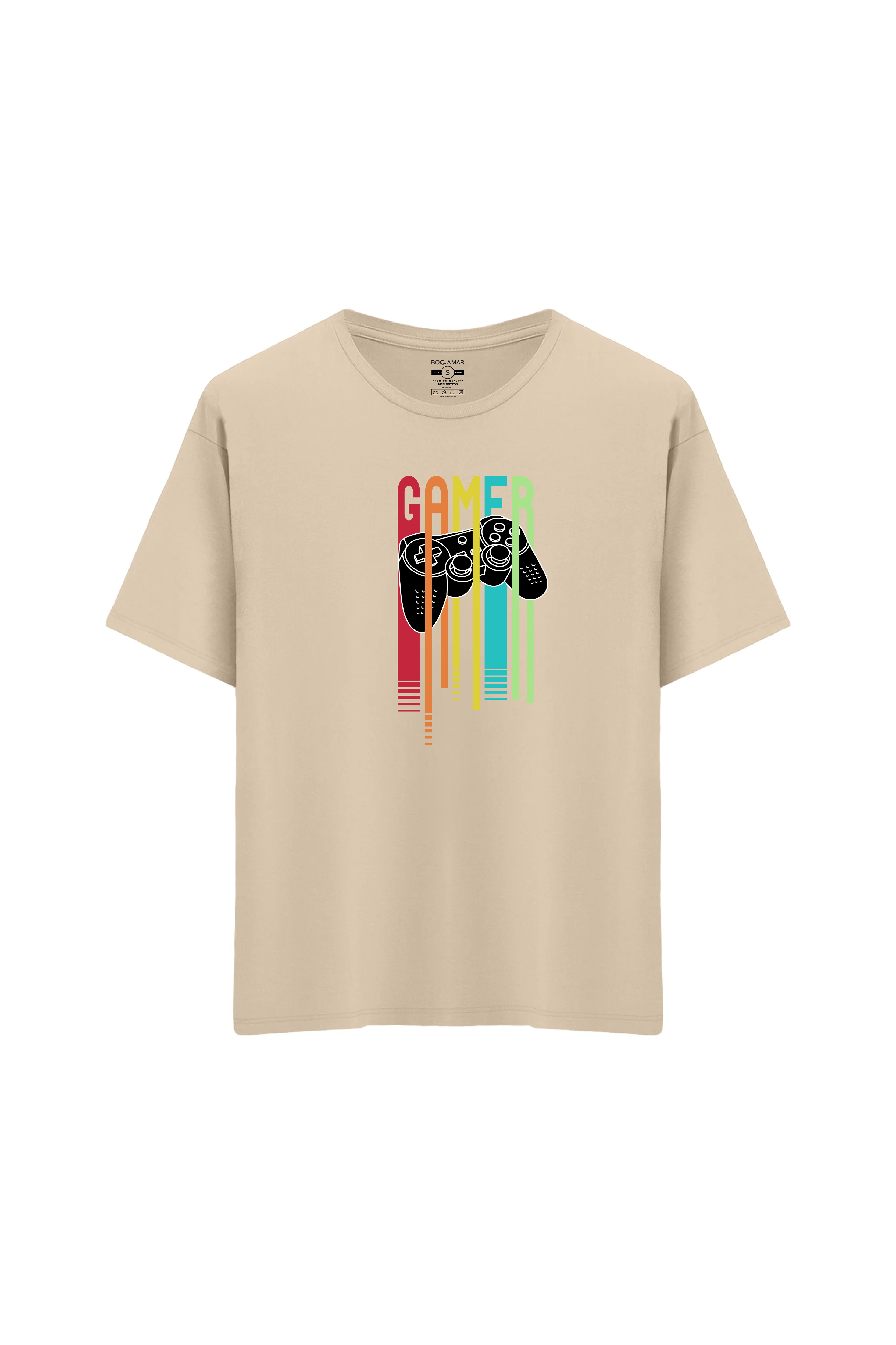 Oversize Unisex Bisiklet Yaka T-Shirt - KREM