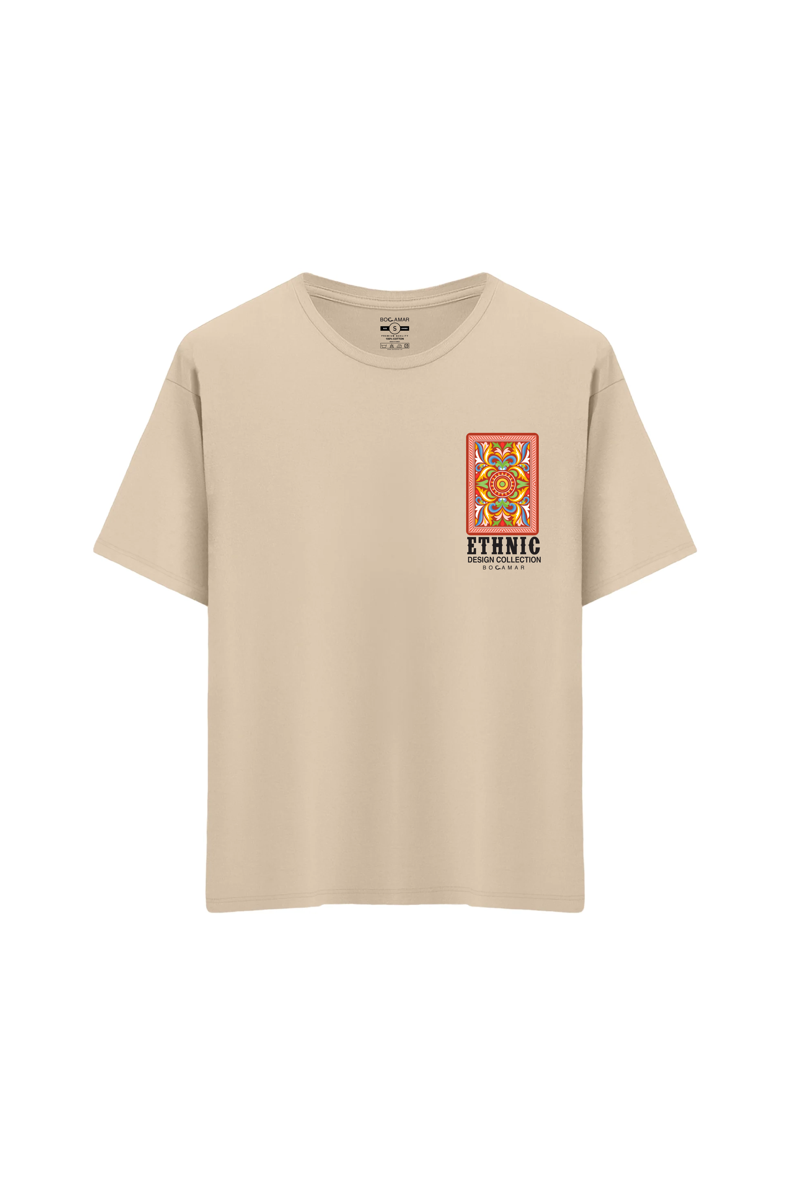 Oversize Unisex Bisiklet Yaka T-Shirt - KREM