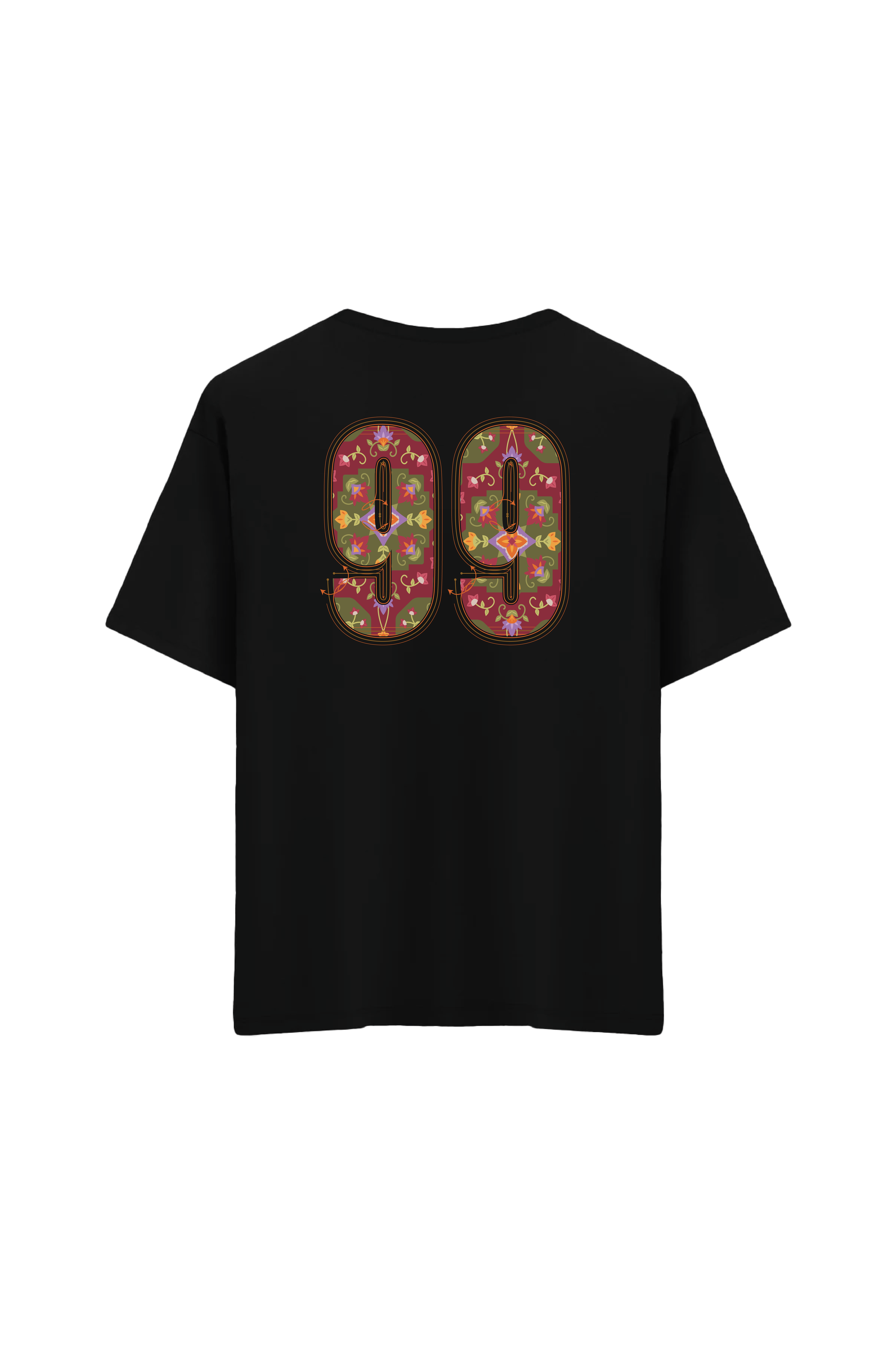 Etnik Desen Baskılı Oversize Unisex Bisiklet Yaka T-Shirt - No.2