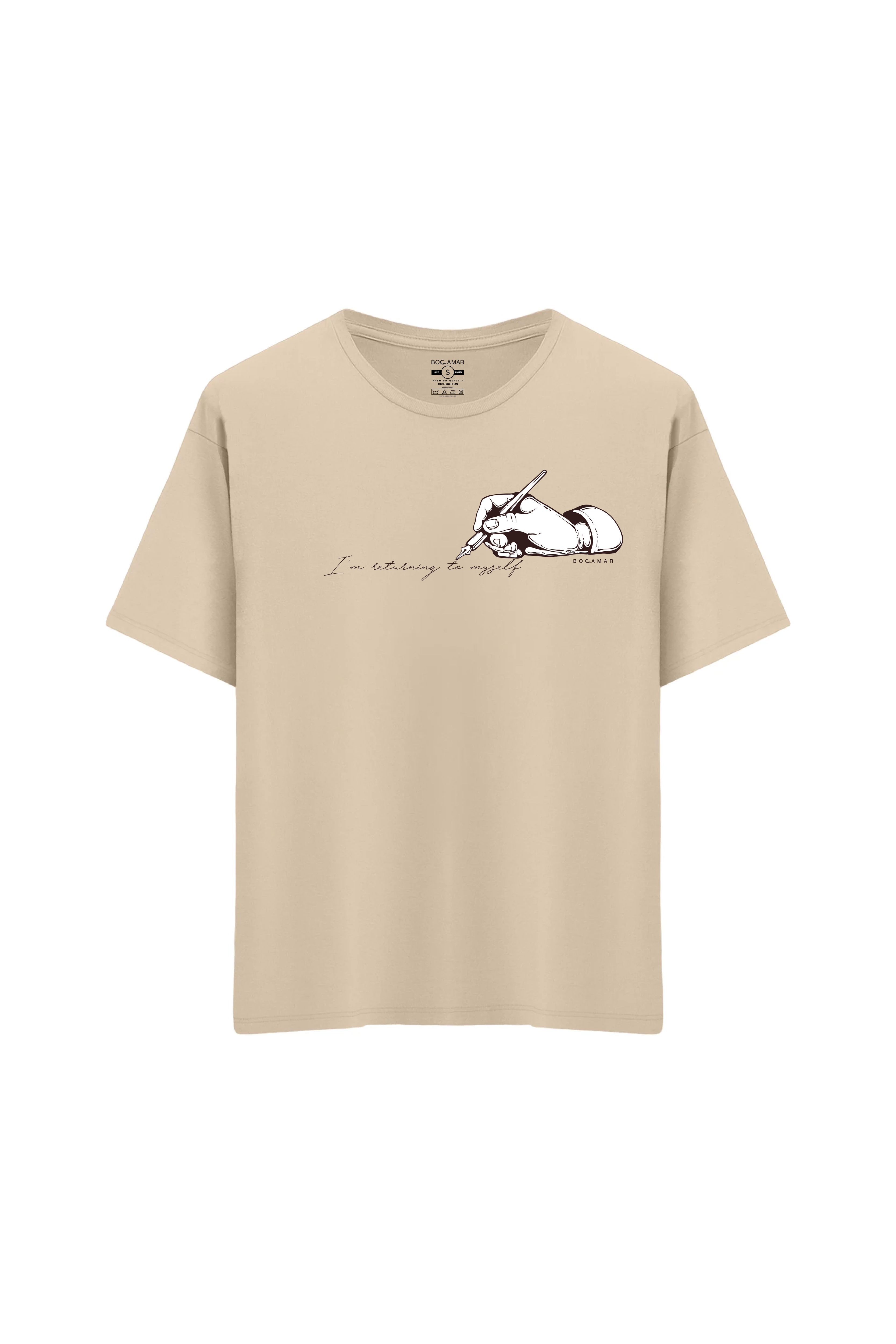Oversize Unisex Bisiklet Yaka T-Shirt - KREM