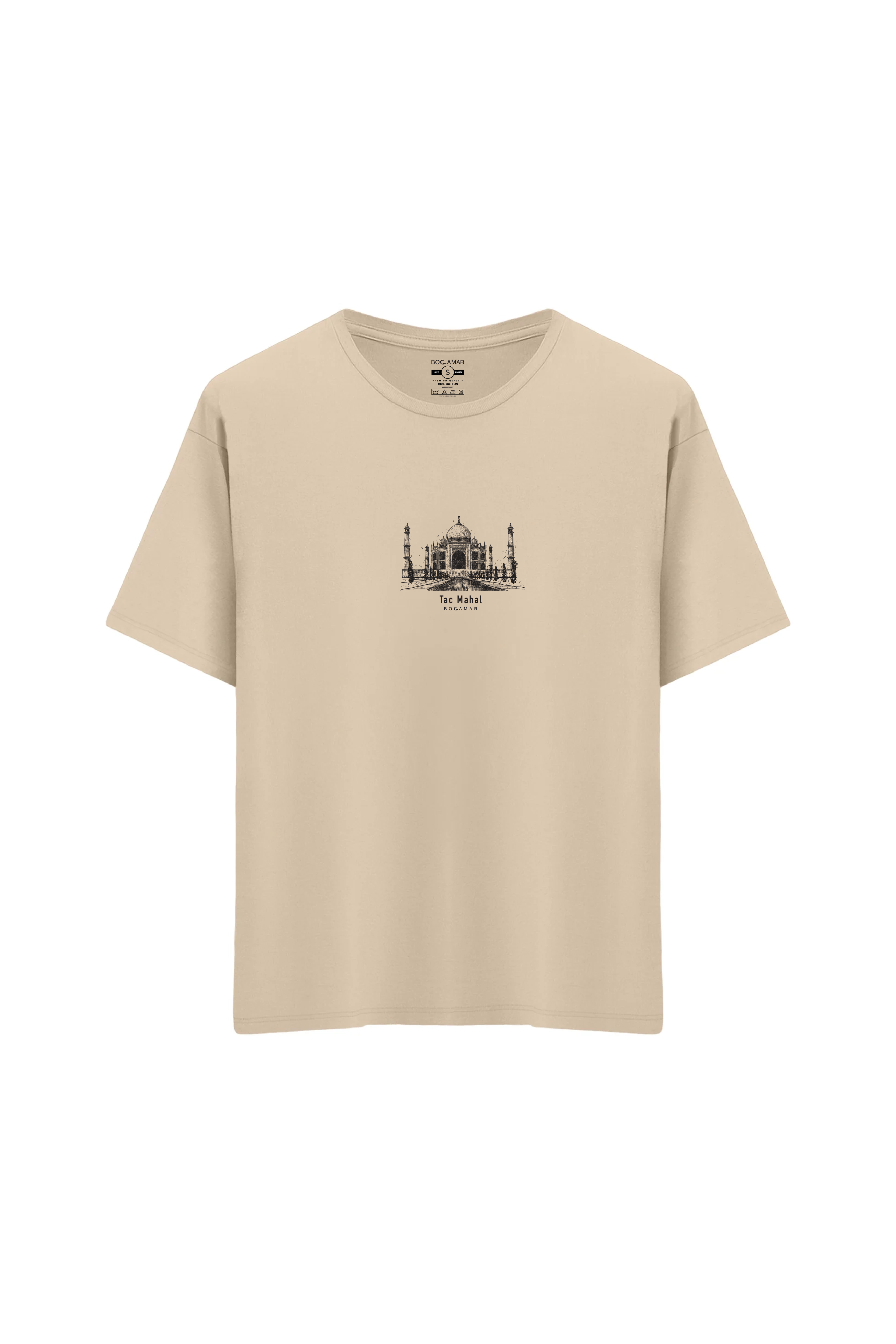Oversize Unisex Bisiklet Yaka T-Shirt - KREM